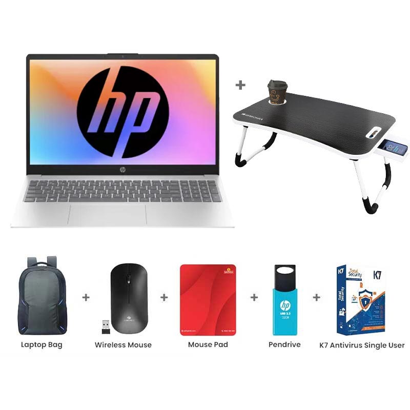 Picture of HP 15s - AMD Ryzen 7-5825U 15.6" (39.6 Cm) 15s-FC0476au Thin and Light Laptop (16GB/ 512GB SSD/ Full HD Display/ Windows 11 Home/ MS Office/ 1Year Warranty/ Natural Silver/1.59Kg) with Laptop Table + Laptop Bag + Wireless Mouse + Mouse Pad + Pendrive + K7 Antivirus Single User
